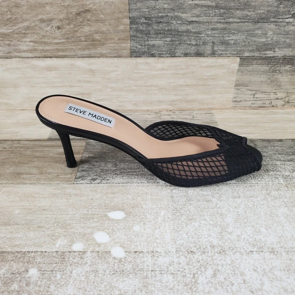 Steve Madden Riveting Womens Dress Sandals Sz 9.5 M Slip On Black Stiletto Heel